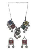 Priyaasi Women Oxidised Silver Multicolor Floral Elephant Pattern Jewellery Set - Swadesiicart