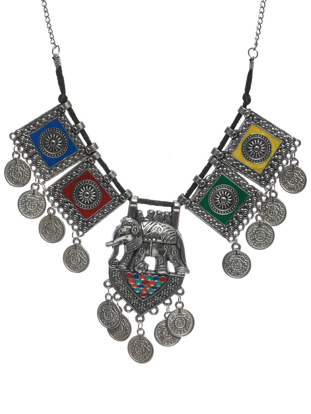 Priyaasi Women Oxidised Silver Multicolor Floral Elephant Pattern Jewellery Set - Swadesiicart