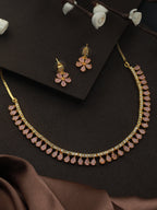 Priyaasi Women Pink Floral Leaf Gold-Polished AD Studded Jewellery Set - Noz2Toz