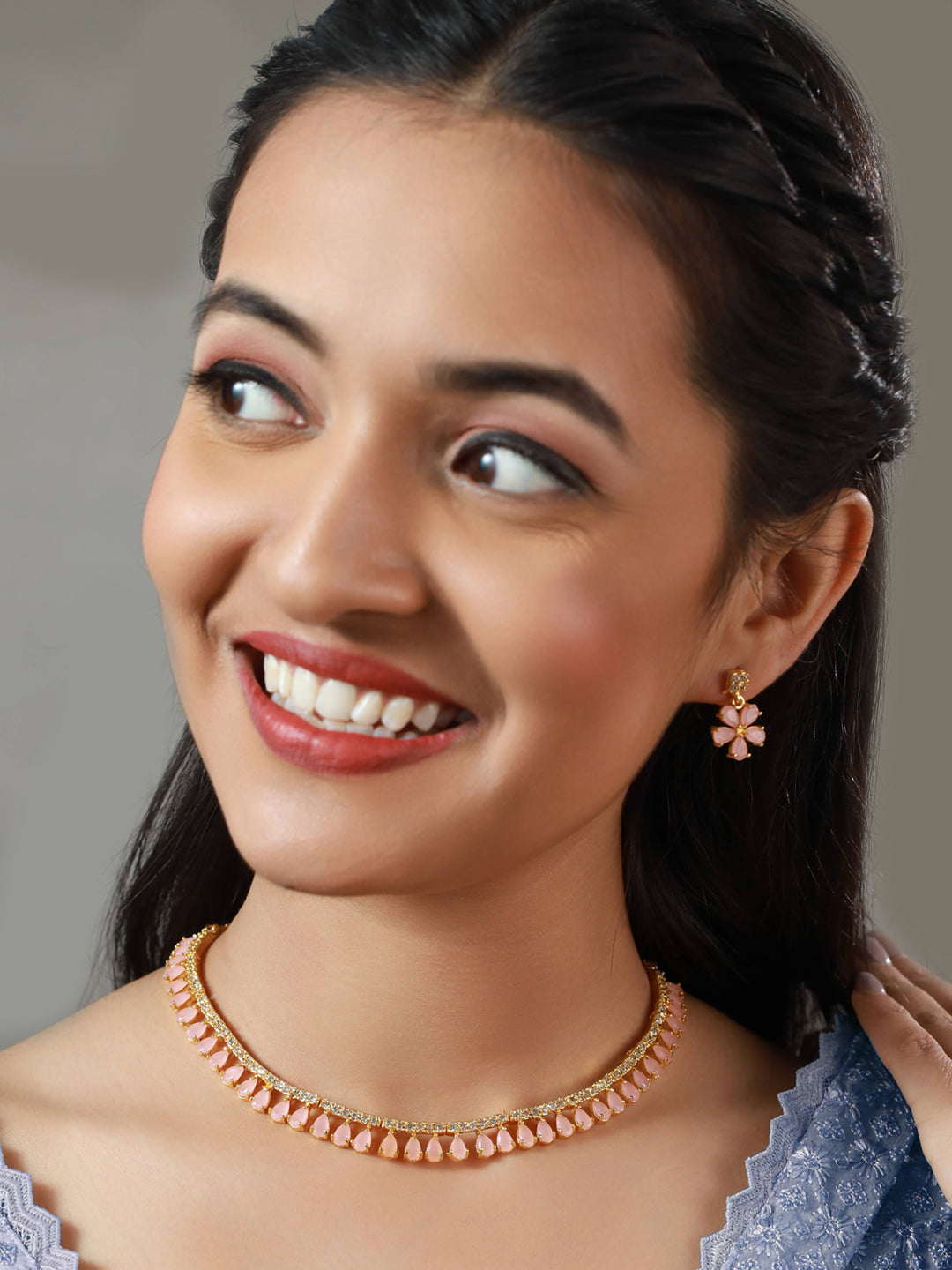 Priyaasi Women Pink Floral Leaf Gold-Polished AD Studded Jewellery Set - Swadesiicart