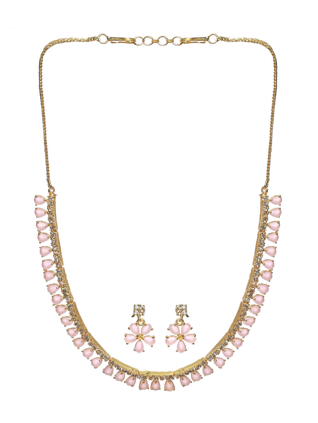 Priyaasi Women Pink Floral Leaf Gold-Polished AD Studded Jewellery Set - Swadesiicart