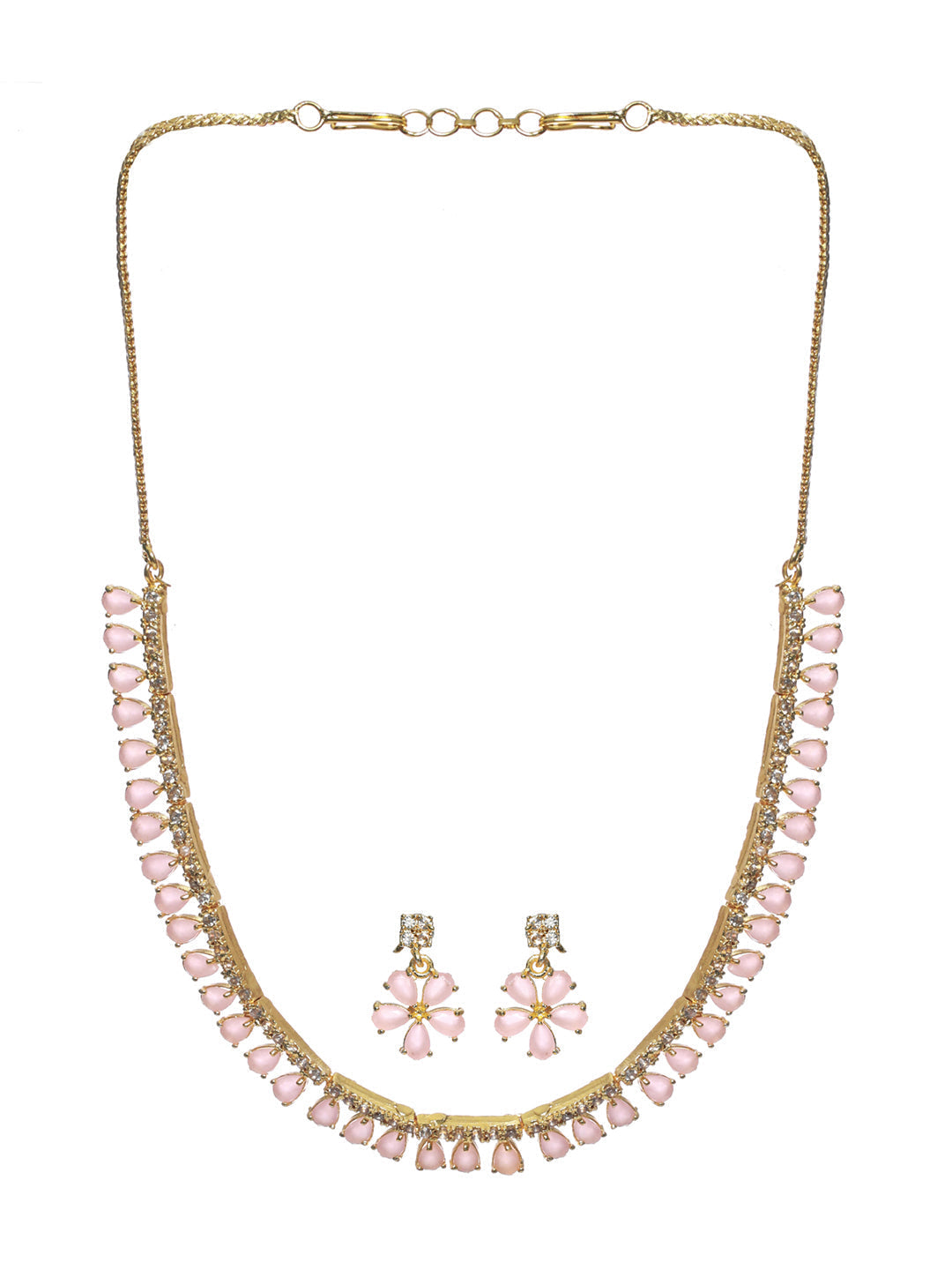 Priyaasi Women Pink Floral Leaf Gold-Polished AD Studded Jewellery Set - Swadesiicart
