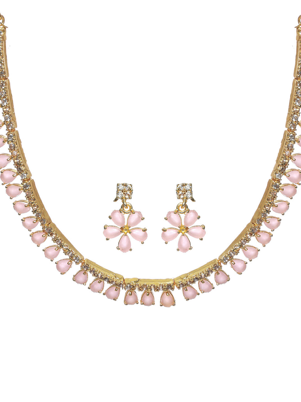 Priyaasi Women Pink Floral Leaf Gold-Polished AD Studded Jewellery Set - Swadesiicart