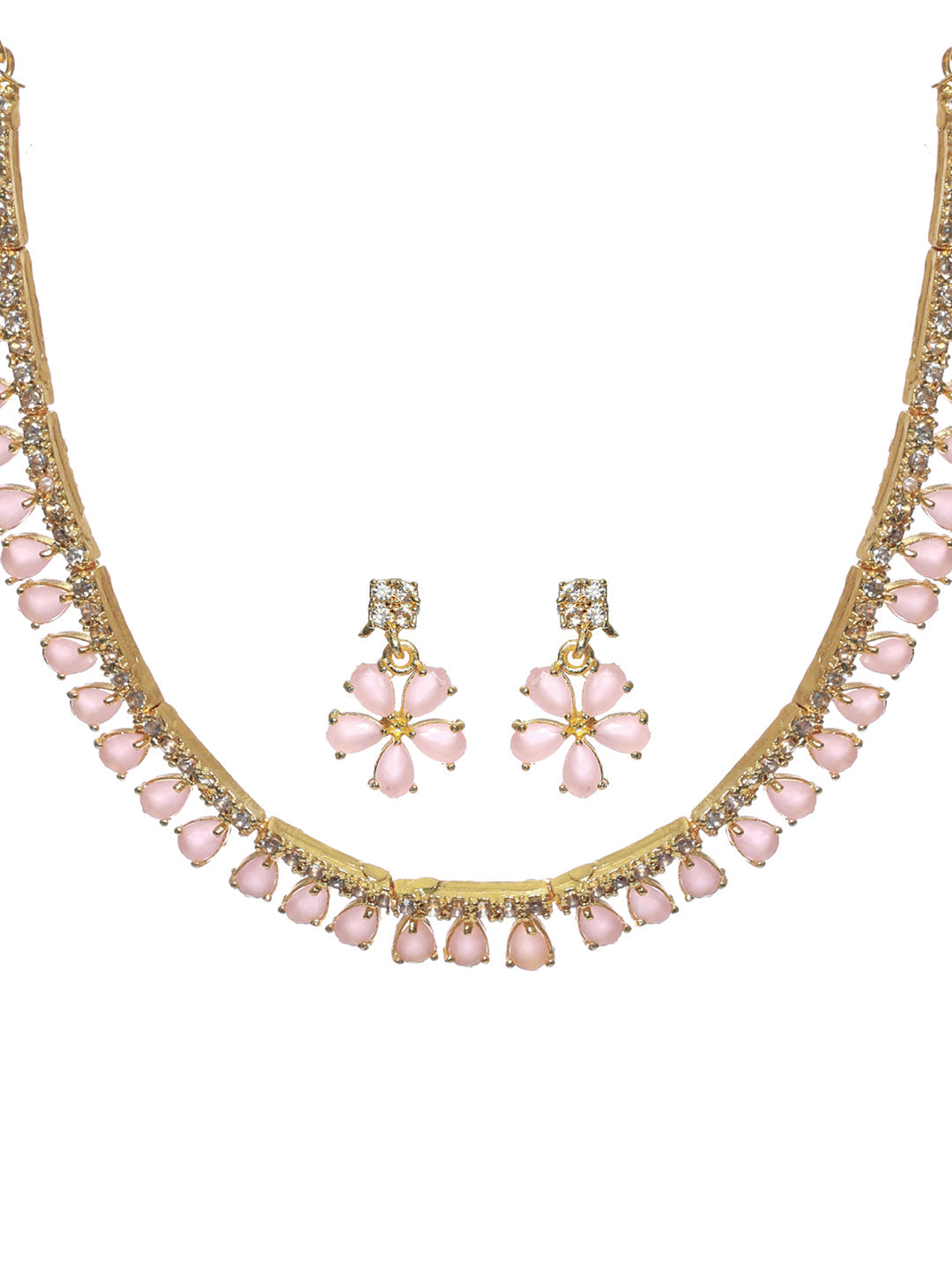 Priyaasi Women Pink Floral Leaf Gold-Polished AD Studded Jewellery Set - Swadesiicart