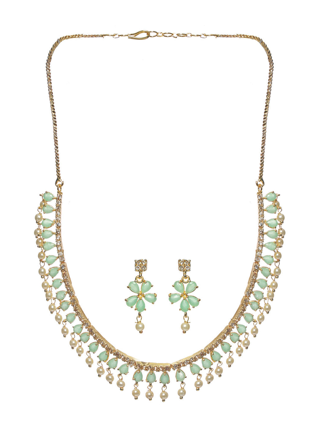Priyaasi Women Mint Green Floral Leaf Gold-Polished Jewellery Set - Swadesiicart