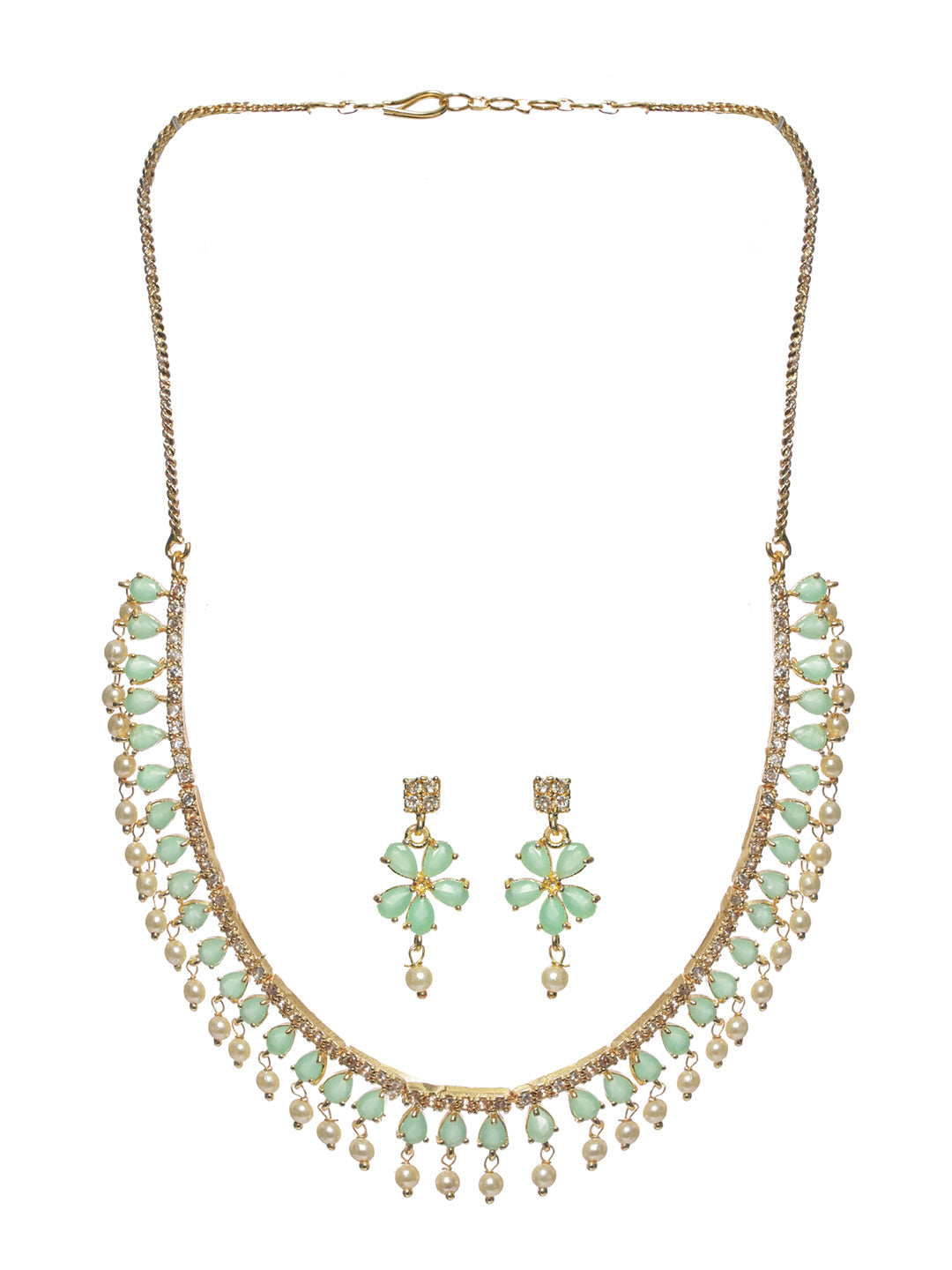 Priyaasi Women Mint Green Floral Leaf Gold-Polished Jewellery Set - Swadesiicart
