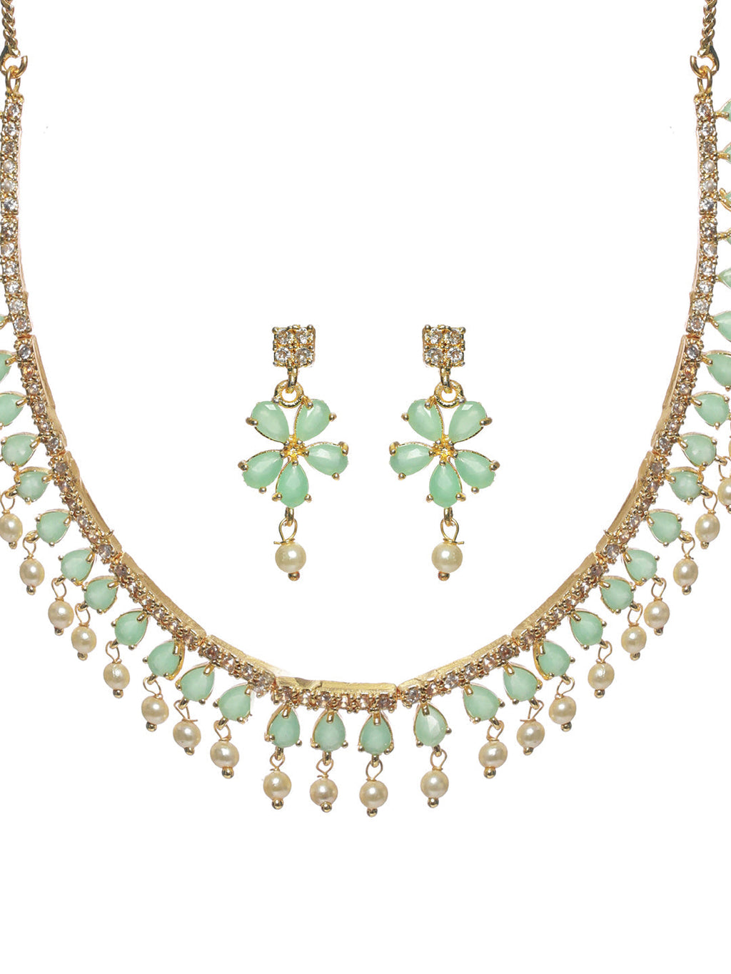 Priyaasi Women Mint Green Floral Leaf Gold-Polished Jewellery Set - Swadesiicart