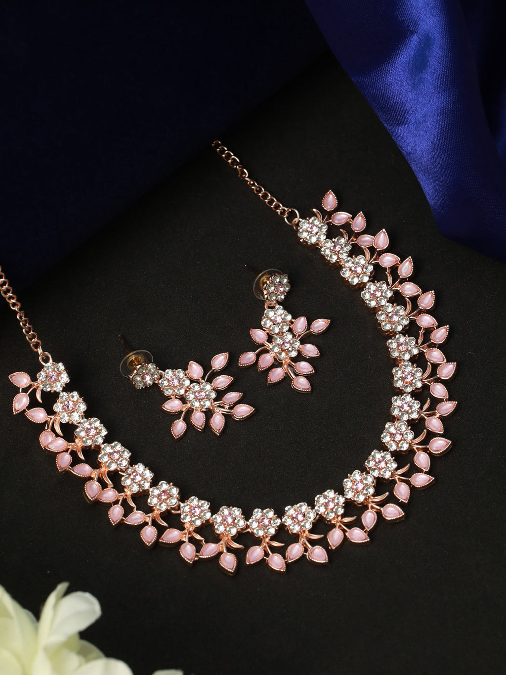 Priyaasi Women Pink Studded Floral Rose Gold-Polished Jewellery Set - Noz2Toz