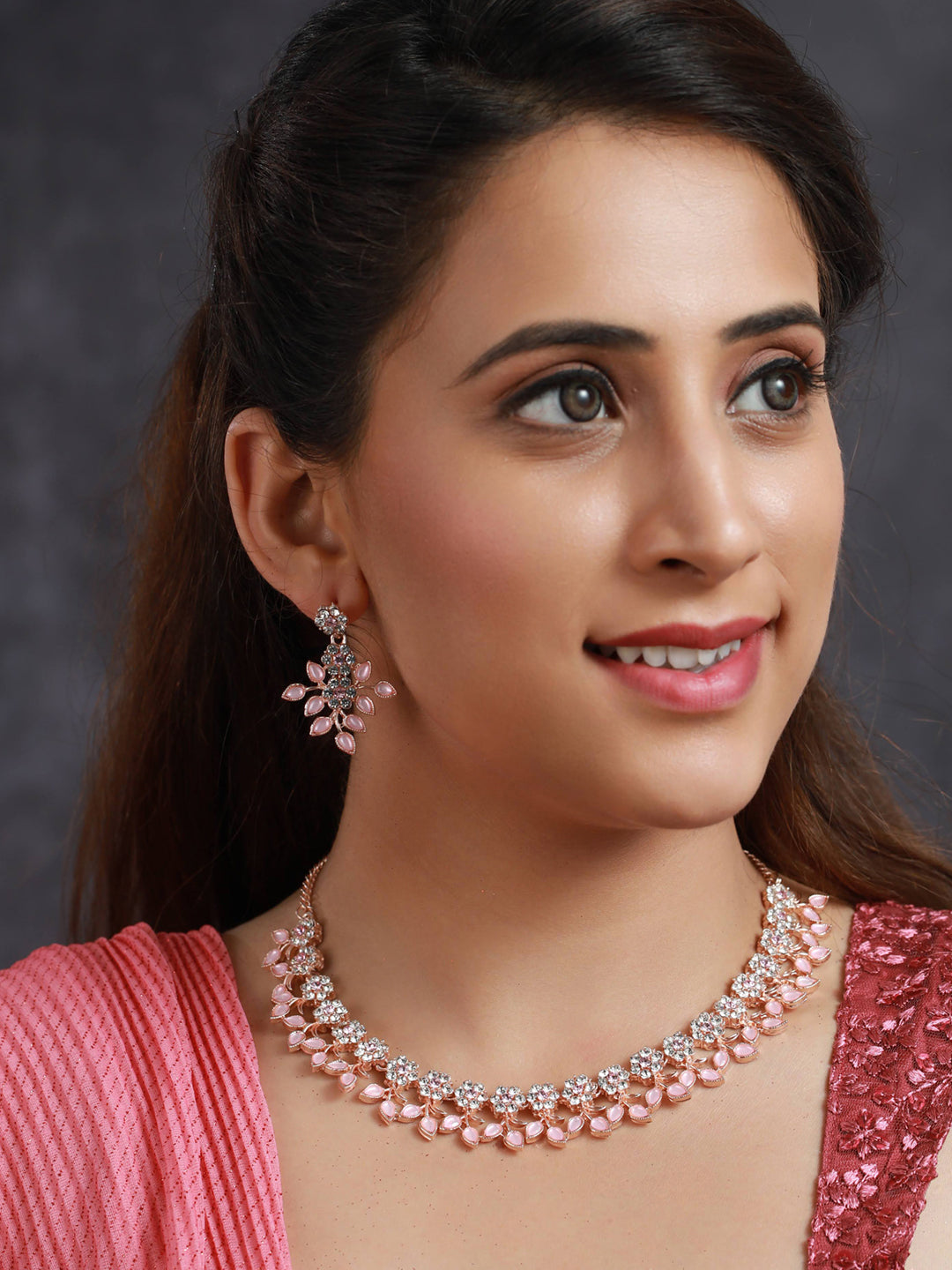 Priyaasi Women Pink Studded Floral Rose Gold-Polished Jewellery Set - Swadesiicart