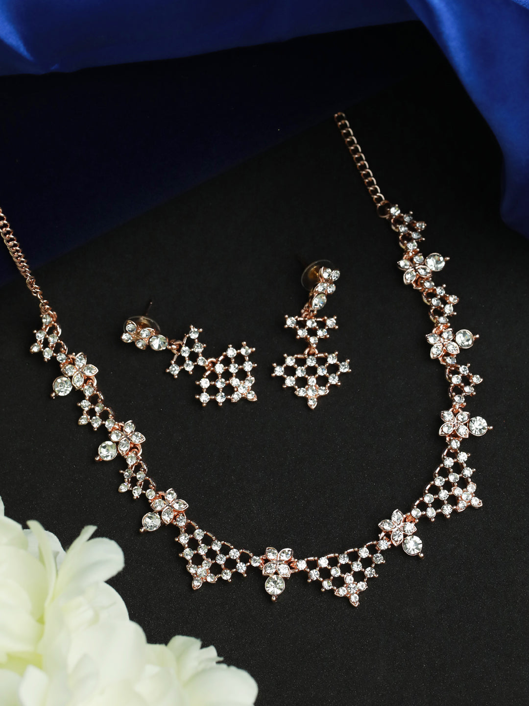 Priyaasi Women Floral American Diamond Rose Gold-Polished Jewellery Set - Noz2Toz