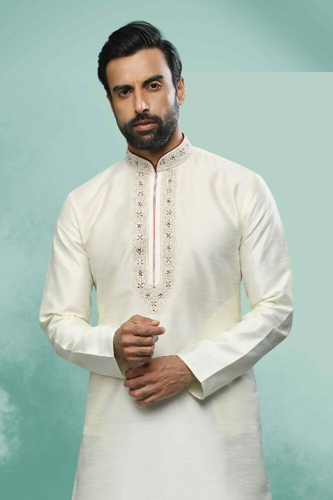 Raivat Ethnic Art Silk Mirror Embroidery Work Kurta Pajama In Cream Colour | Grocsy