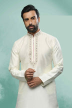 Raivat Ethnic Art Silk Mirror Embroidery Work Kurta Pajama In Cream Colour | Grocsy