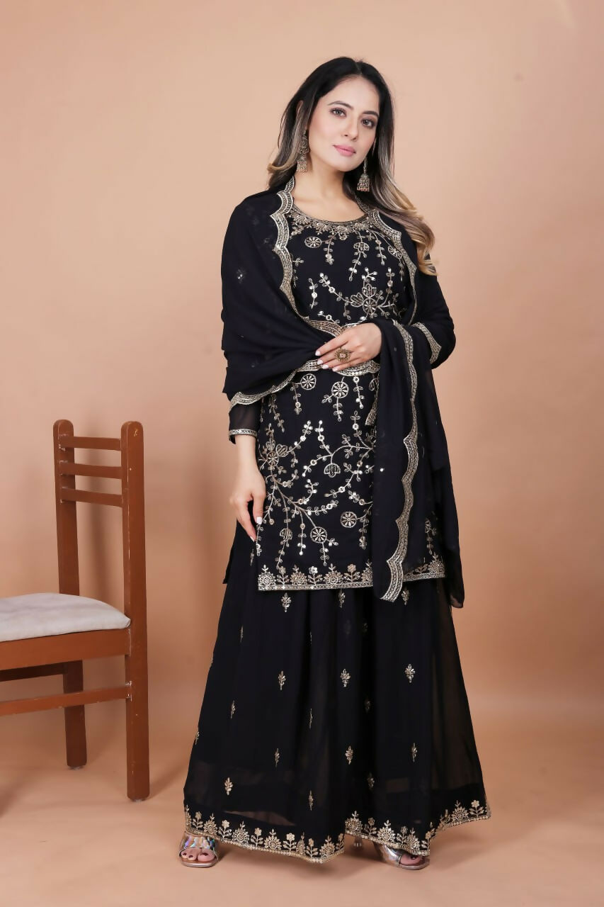 Joban Fashion Black Georgette Embroidered Sharara Set | Grocsy