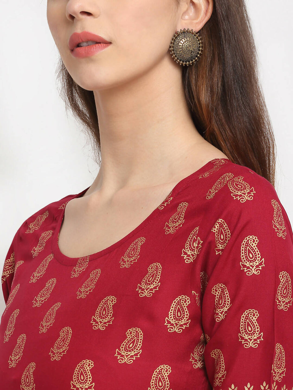 Rudra Bazaar Gold Printed A-Line Kurti | Grocsy