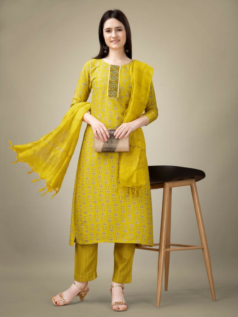 Jyoti Fashion Women's Yellow Rayon Embroidery & Sequence work Kurta with Trouser & Dupatta | Grocsy