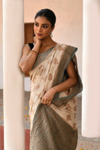 Joban Fashion Ivory Crepe Chiffon Pure Handloom Banarasi Silk Saree | Grocsy