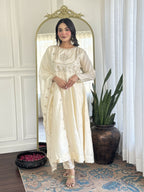 The52 CreamWomen's Gorgeous Embroidered Vichitra Silk Fabric Flared Kurta Pant with Dupatta Set | Grocsy