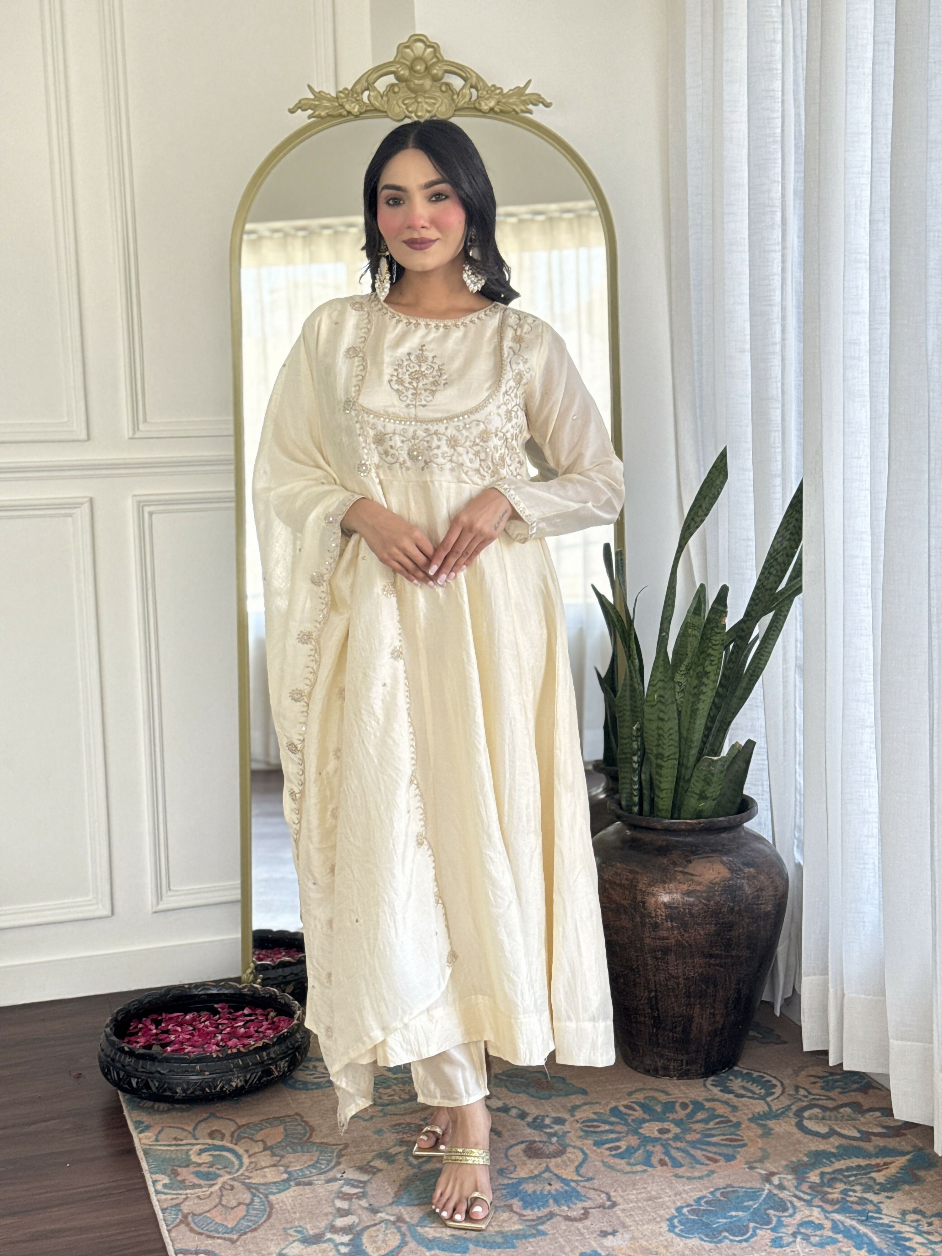 The52 CreamWomen's Gorgeous Embroidered Vichitra Silk Fabric Flared Kurta Pant with Dupatta Set | Grocsy