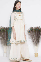 Little Bansi Blue Floral Embroidery Jacket with Cotton Kantha Frock Sharara and Dupatta with Ghungroo Handwork - Cream | Grocsy