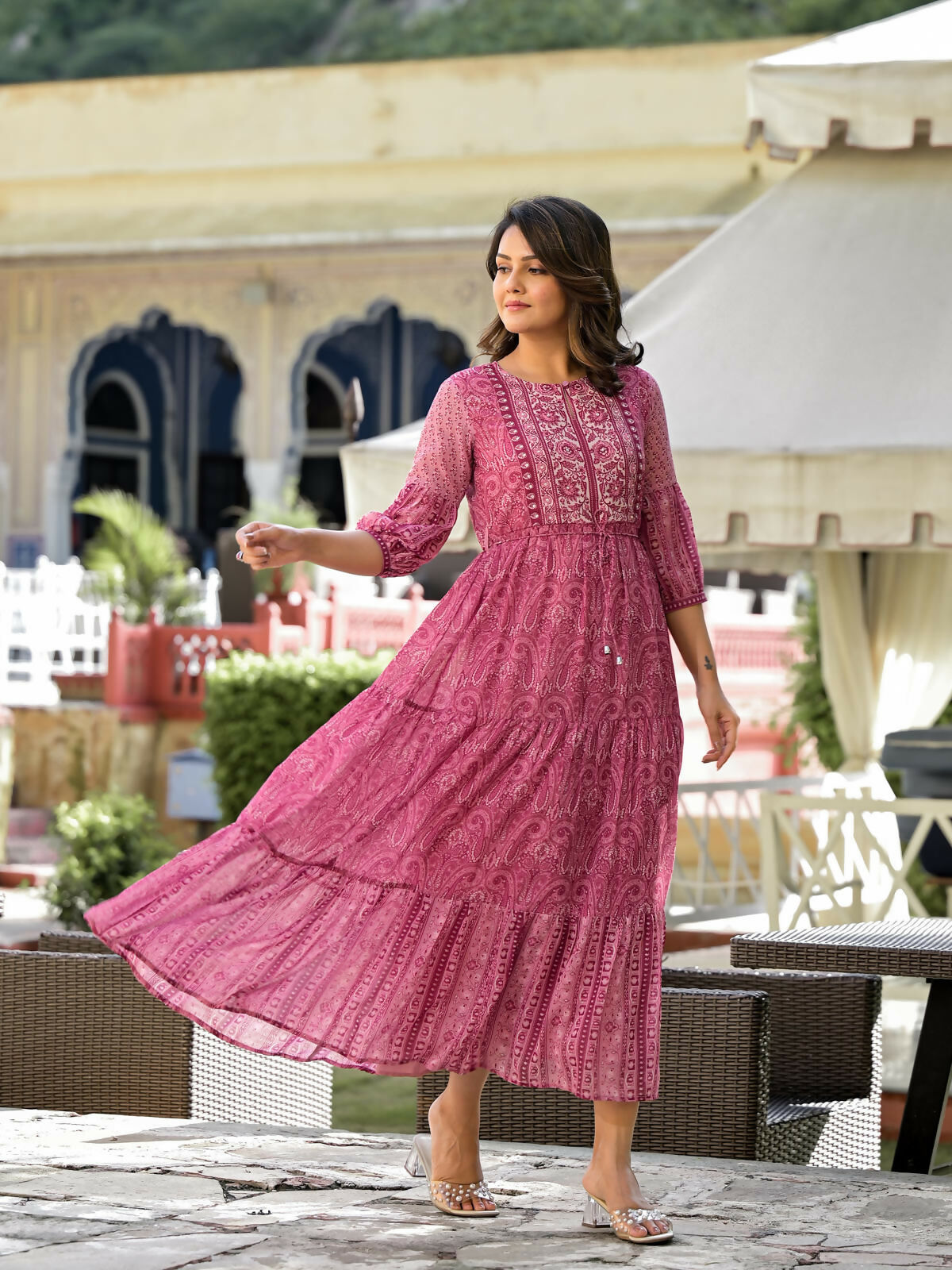 Juniper Women's Onion Pink Ethnic Motif Printed Georgette Gathers Maxi Dress With Sequins & Doris | Grocsy