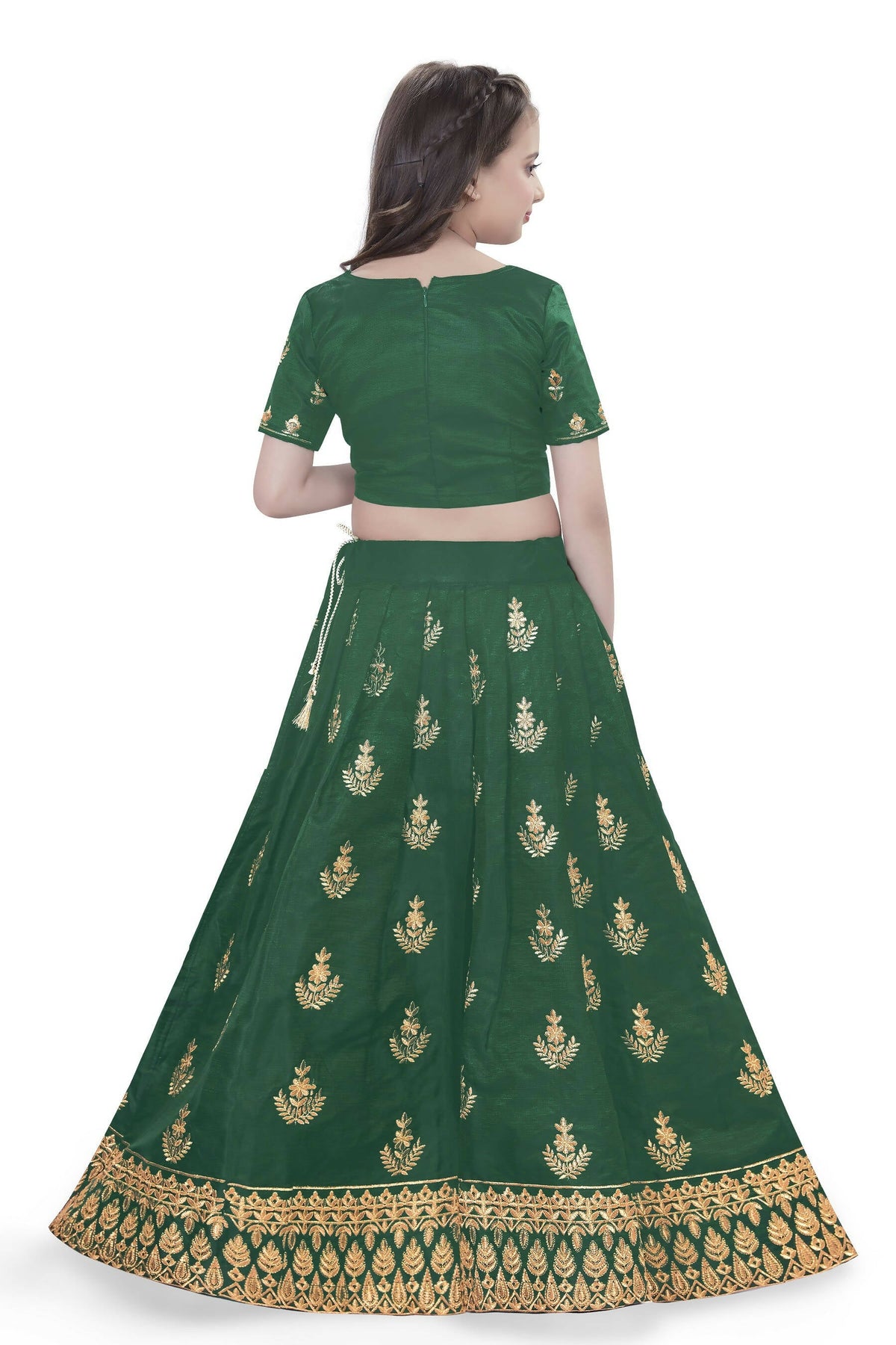 Dwiden Green Kamal Tafetta Sattin Semi-Stitched Girl's Lehenga Choli | Grocsy