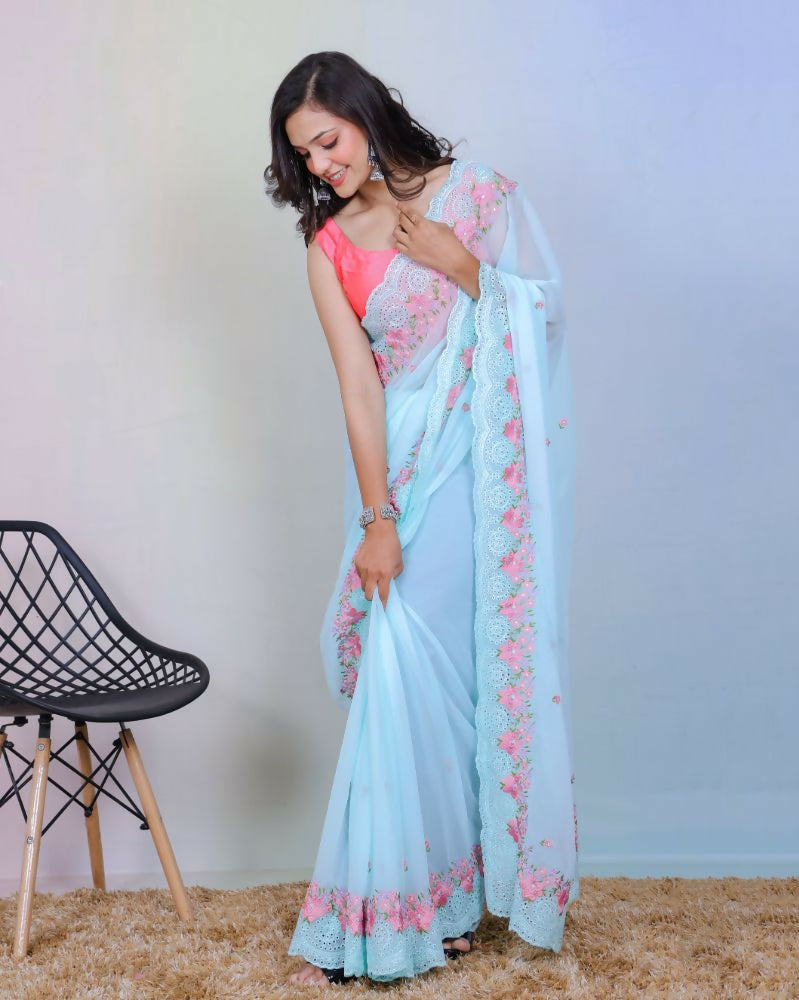 Vamsee Rashmika Sky Blue Georgette Saree | Grocsy
