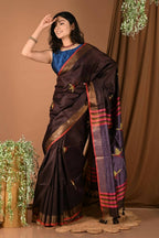 Very Much Indian Handloom Pure Dupion Silk Saree With Sleek Golden Border - Brown | Grocsy