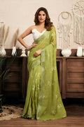 Vastranavya Mehendi Digital Printed Linen Ready To Wear Designer Saree with Unstitched Blouse | Grocsy
