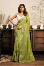 Vastranavya Mehendi Digital Printed Linen Ready To Wear Designer Saree with Unstitched Blouse | Grocsy