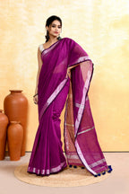 Piyari Fashion Women's Magenta Embellished Cotton Blend Zari Border Handloom Saree | Grocsy
