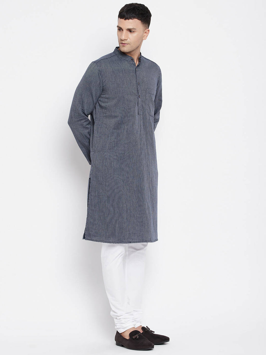 Even Apparels Grey Color Pure Cotton Men's Kurta With Band Collar | Grocsy