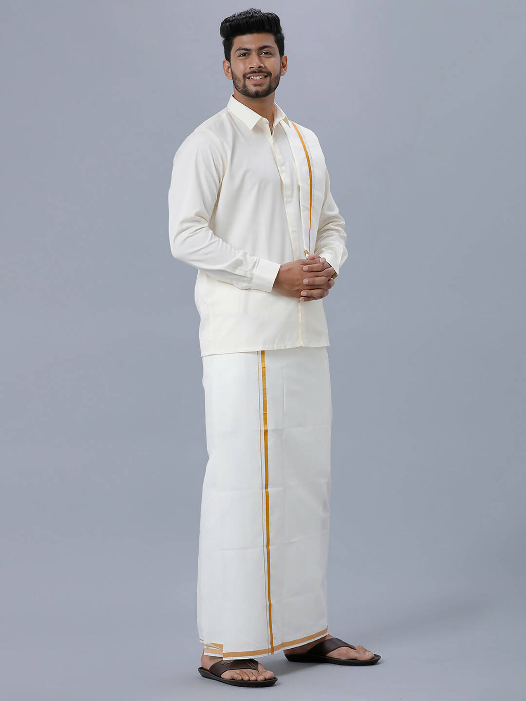Ramraj Cotton Mens Wedding Set Cream Regular Dhoti, Shirt & Towel Arathi 1/2" | Grocsy