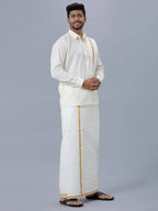 Ramraj Cotton Mens Wedding Set Cream Regular Dhoti, Shirt & Towel Arathi 1/2" | Grocsy