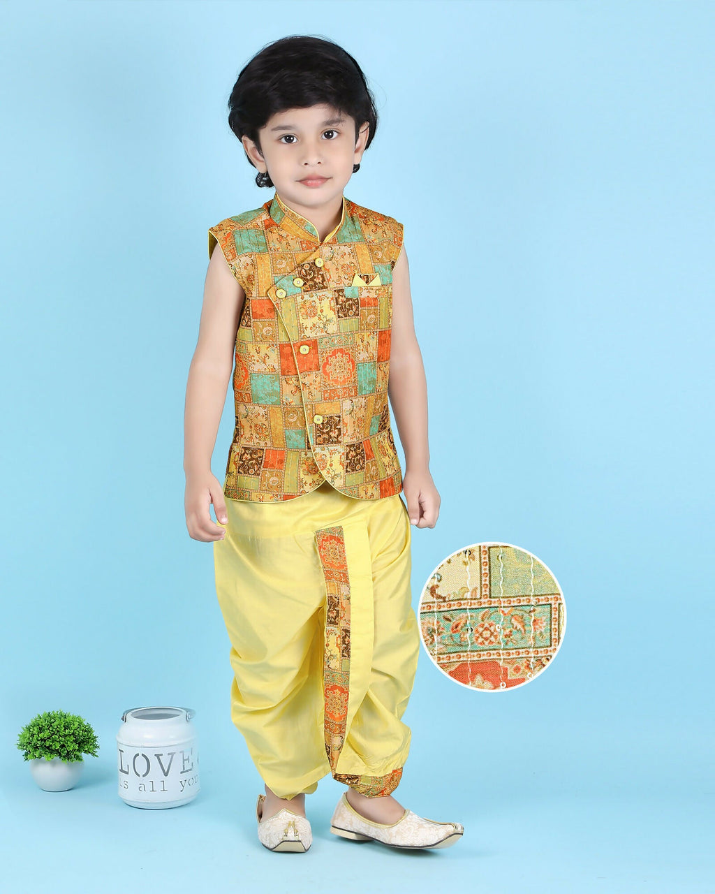 Joban Fashion Kids Island Cotton Sleeveless printed Kurta and Solid Dhoti - Yellow | Grocsy