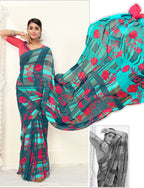 Teal Georgette Floral Printed Saree With Unstitched Blouse Piece - Jyoti | Grocsy