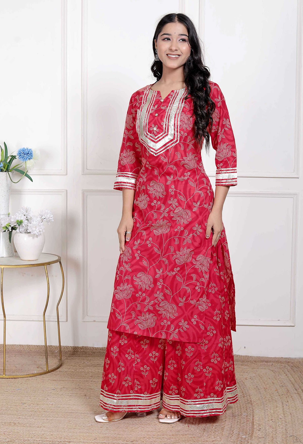 Miravan Women's Red Cotton Gota Work Kurta with Palazzo | Grocsy