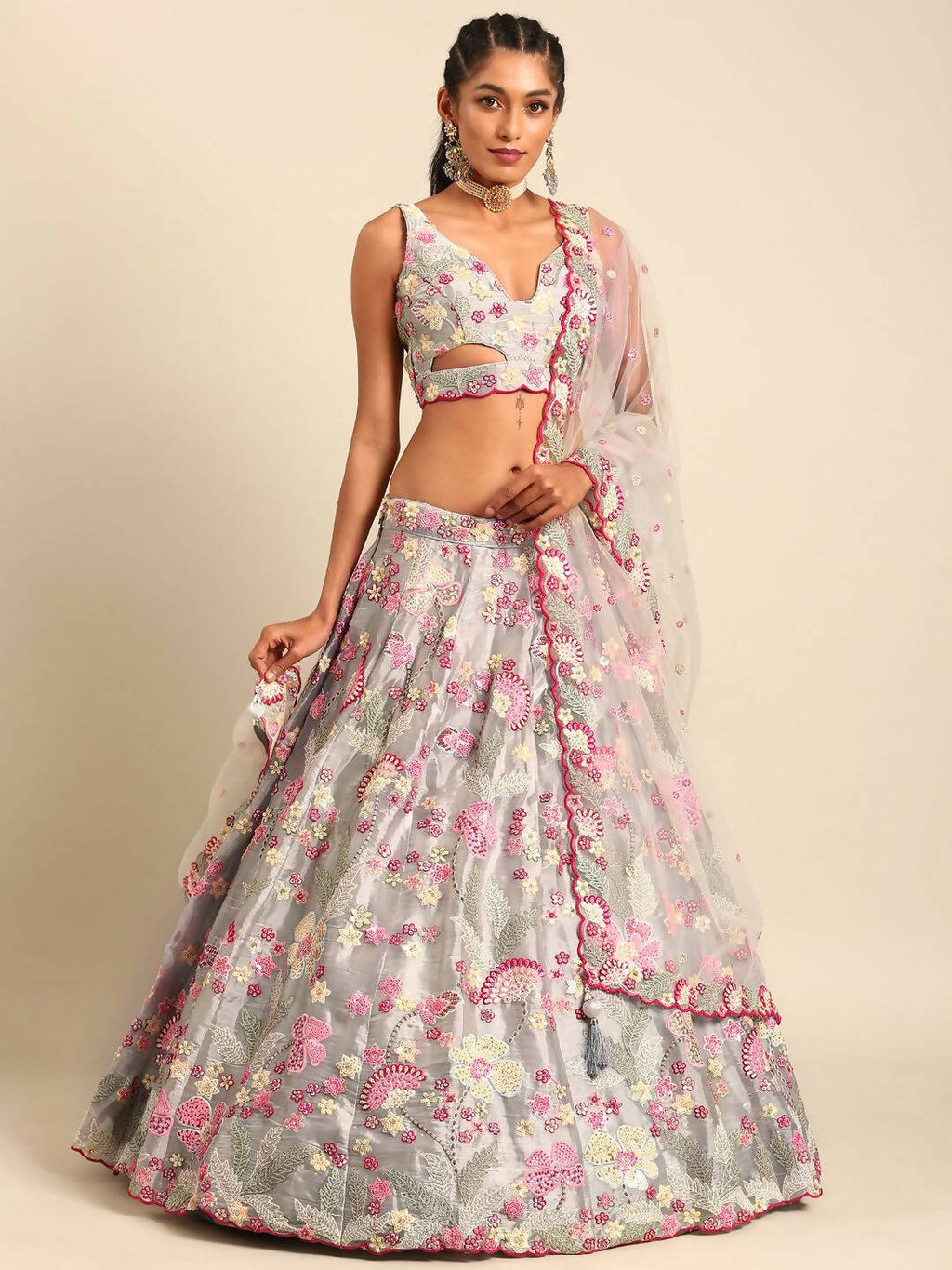House of Panchhi Grey Organza Sequins and Zarkan embroidery Lehenga choli & Dupatta | Grocsy