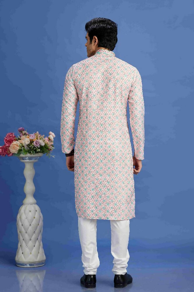 Raivat Ethnic Cotton Embroidery Kurta Pajama In Peach Colour | Grocsy