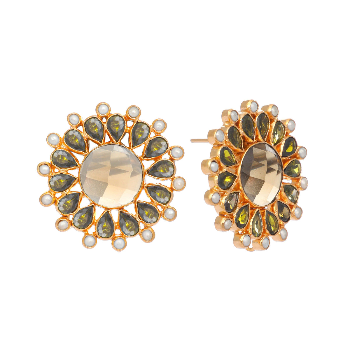 Nuyug 22K Gold Plated Faux Smoky Quartz & Crystal Studded Contemporary Floral Studs | Grocsy