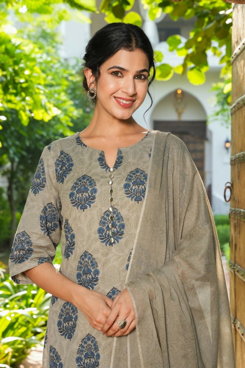Aramya A-line Linen Cotton Floral Print Women's Kurta Set - Grey | Grocsy