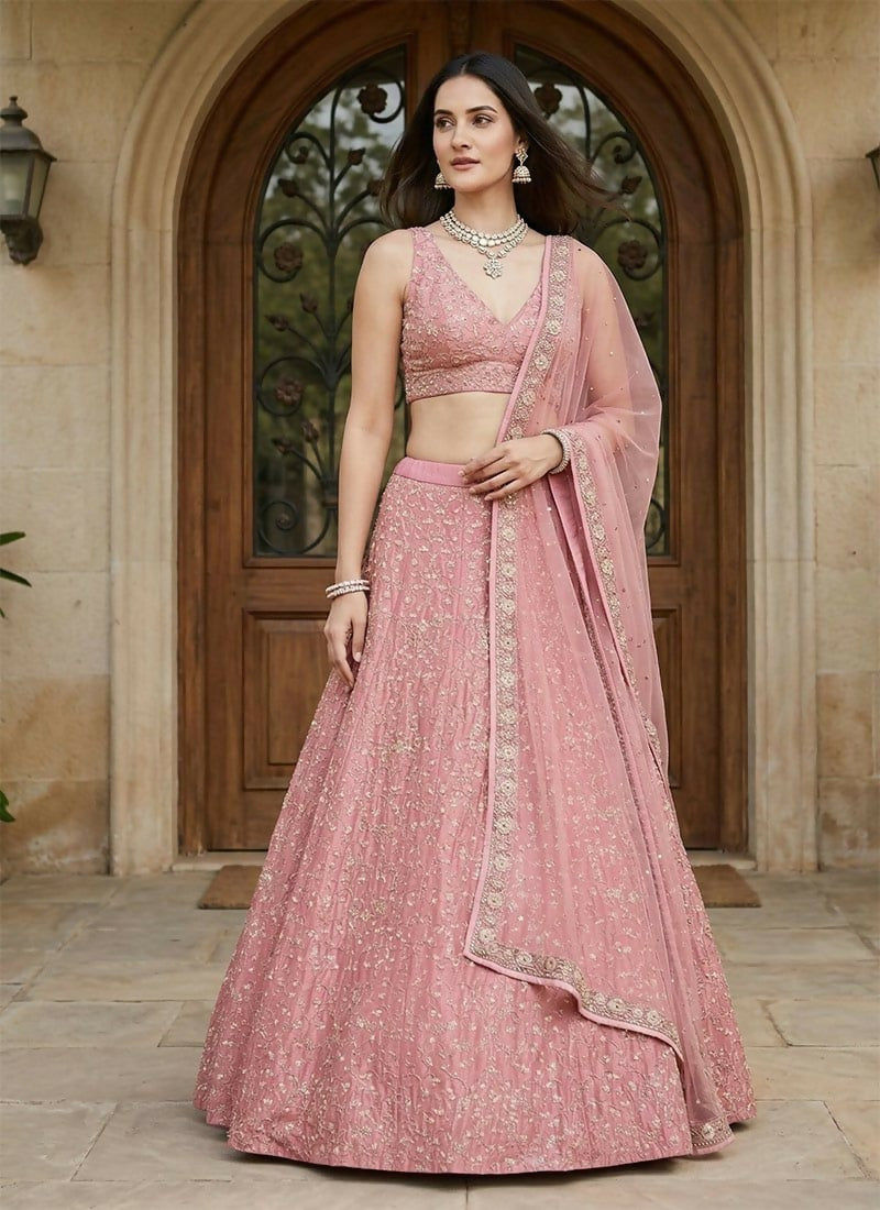 Lehenga Mart Pink Peach Malai Satin Silk Designer Bollywood Style Wedding Wear Lehenga Choli | Grocsy