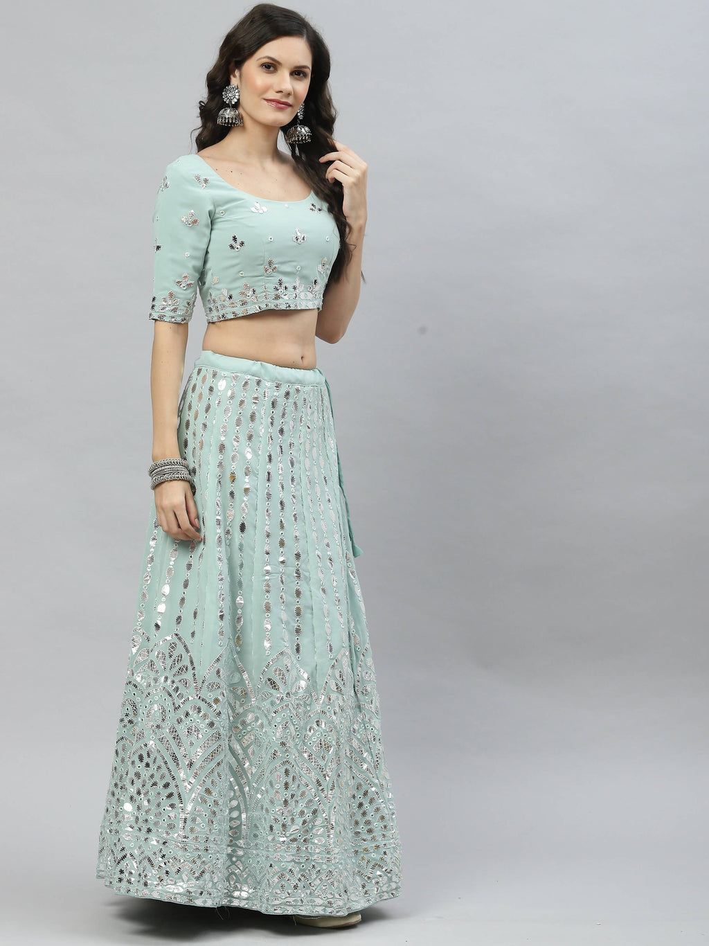 Pista Green Georgette Paper Mirror Embroidery Work Lehenga Choli with Dupatta - Jivika | Grocsy
