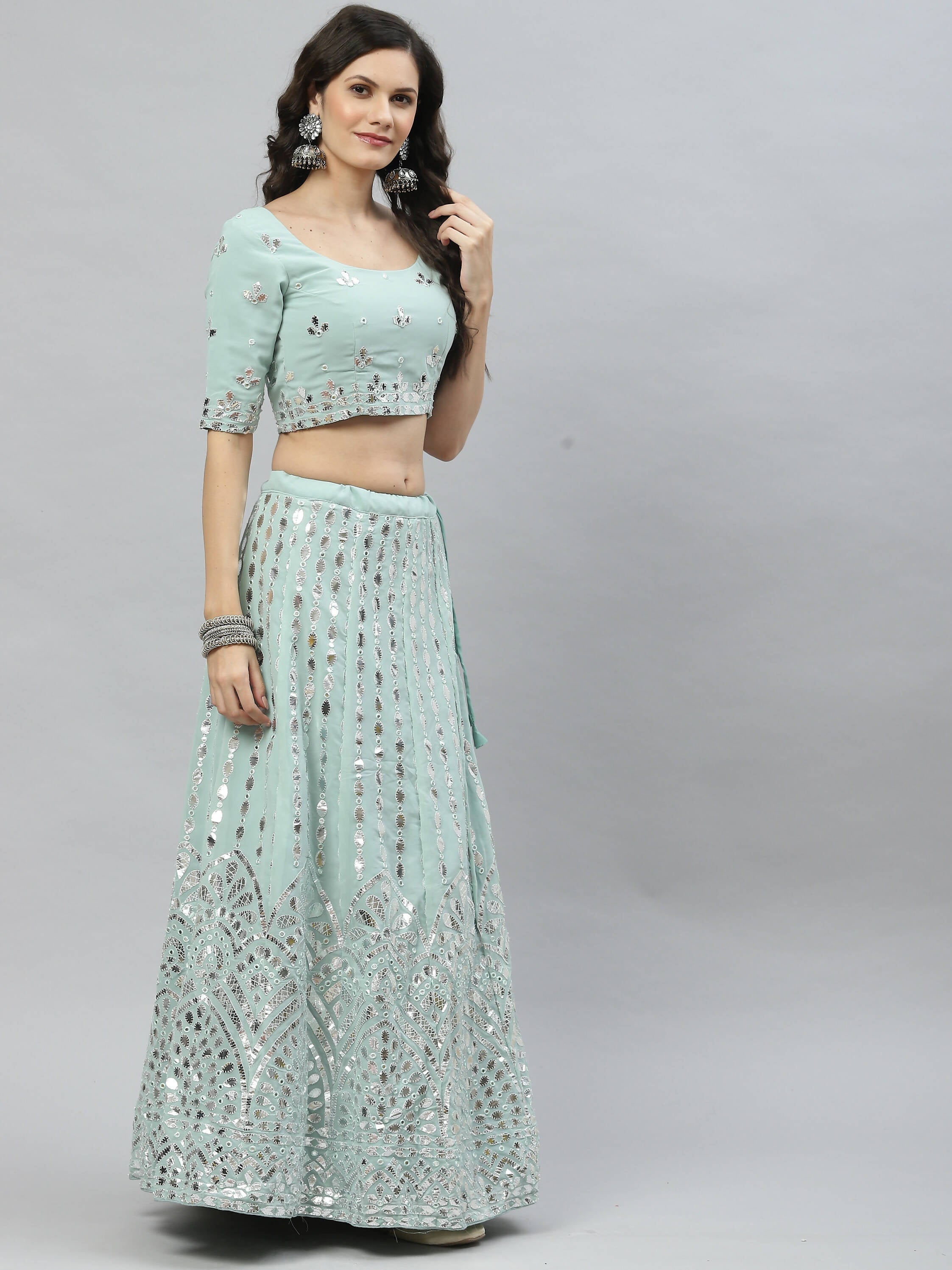 Pista Green Georgette Paper Mirror Embroidery Work Lehenga Choli with Dupatta - Jivika | Grocsy