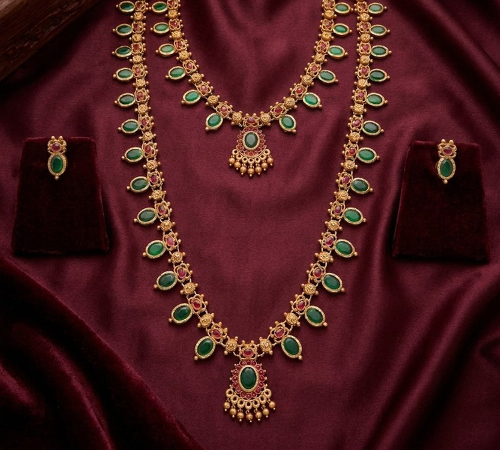 Jewel City Green Emerald Necklace Set Long Haram Temple Jewelry Set | Grocsy