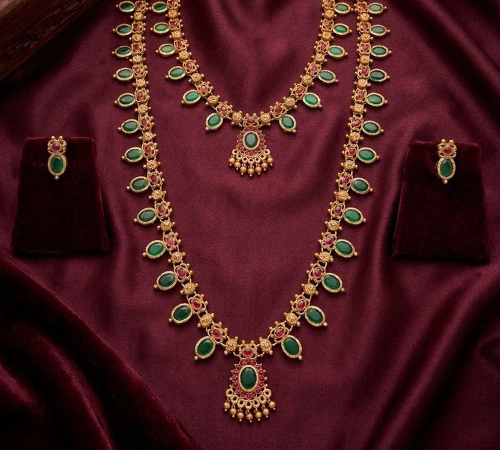 Jewel City Green Emerald Necklace Set Long Haram Temple Jewelry Set | Grocsy