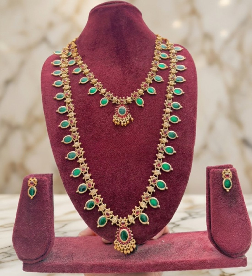 Jewel City Green Emerald Necklace Set Long Haram Temple Jewelry Set | Grocsy
