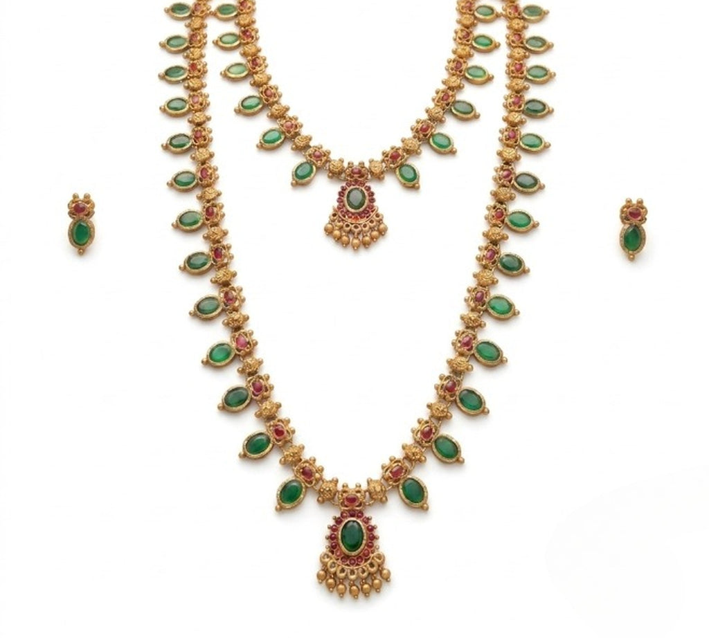 Jewel City Green Emerald Necklace Set Long Haram Temple Jewelry Set | Grocsy