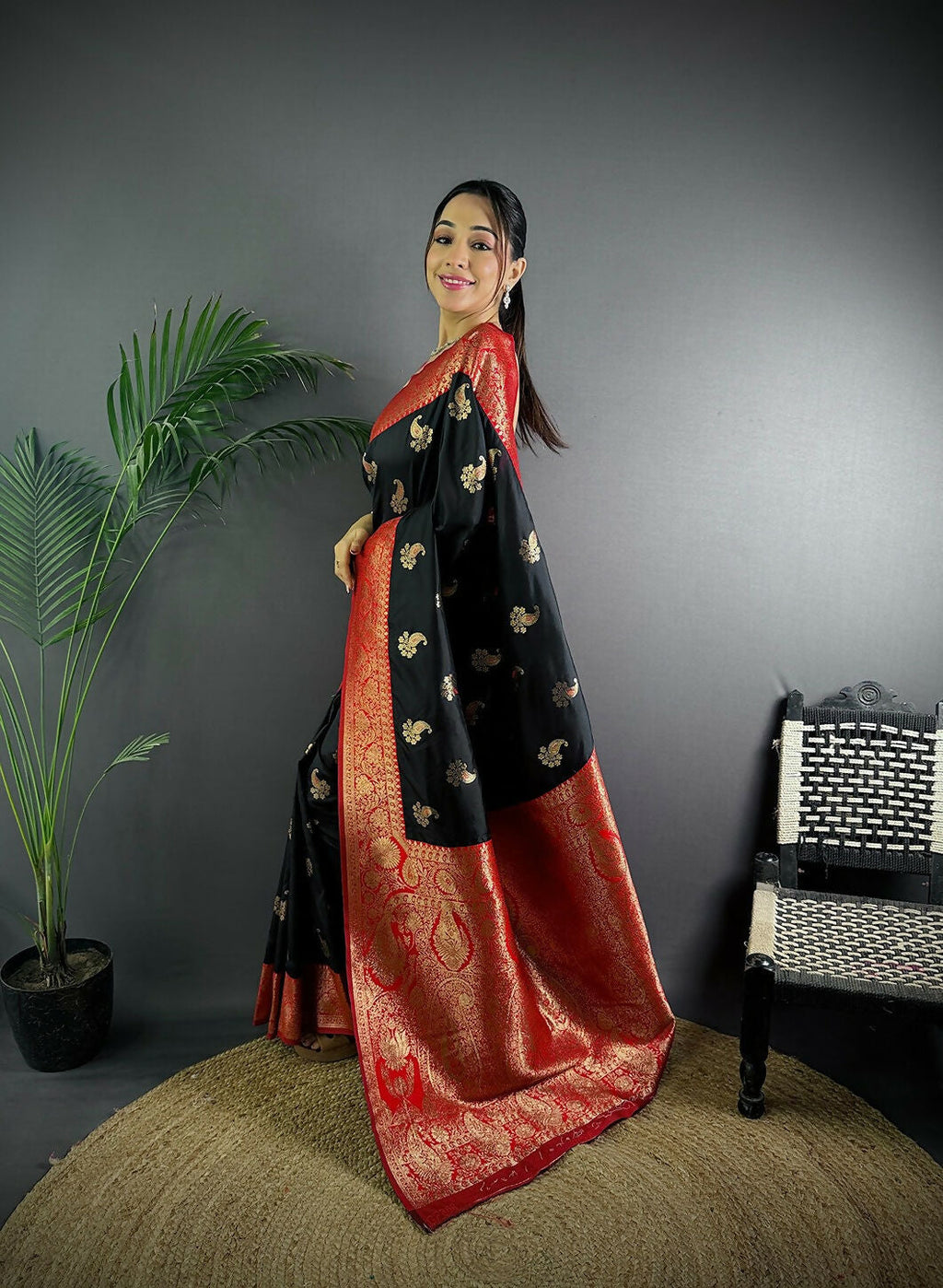Joban Fashion Banarasi Black Woven Butti Soft Silk Saree | Grocsy