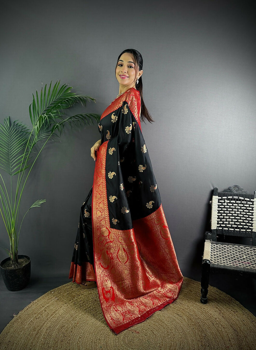 Joban Fashion Banarasi Black Woven Butti Soft Silk Saree | Grocsy
