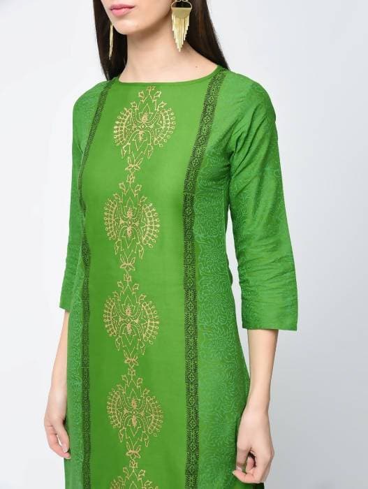 Aniyah Cotton Block Printed Green Color Straight Kurta (AN-129K) | Grocsy